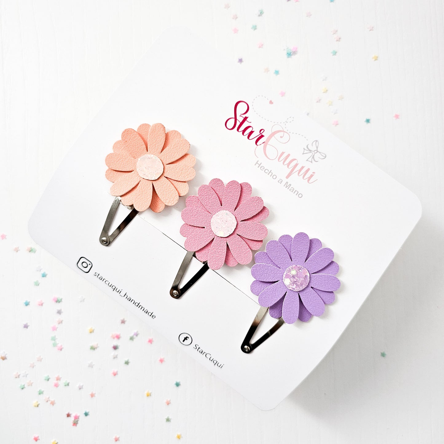 TRIO Clip Flor melocotón, rosa y violeta