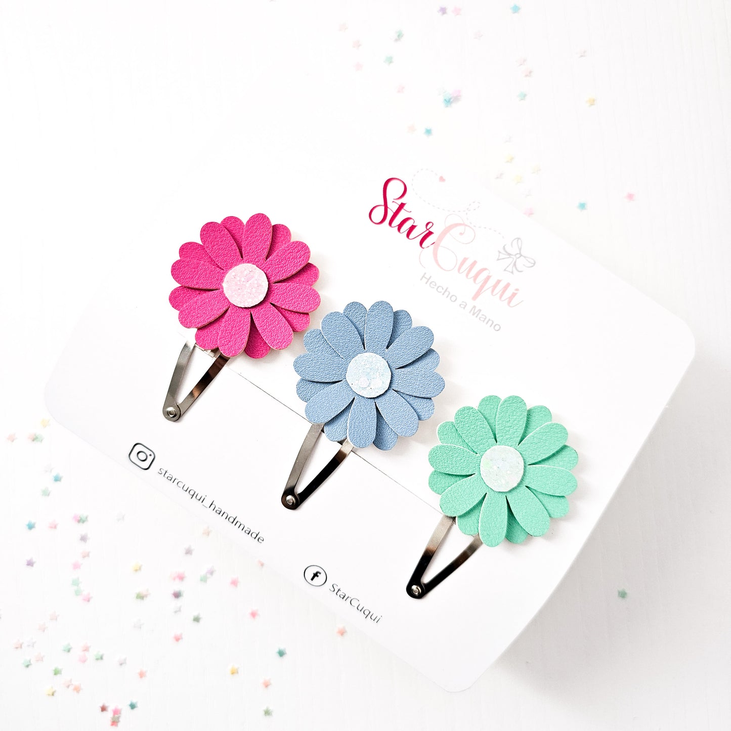 TRIO Clip Flor fuscia, azul y menta